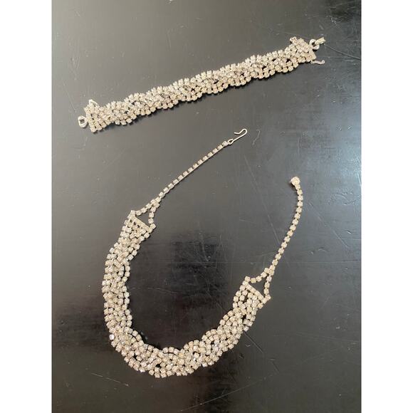 1950s rhinestone necklace and bracelet braided choker wedding prom 50s jewelry - Picture 3 of 8